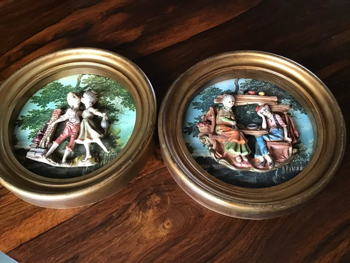 Pr. vintage Italian 12” 3D Relief Gold Plaques - Image 1