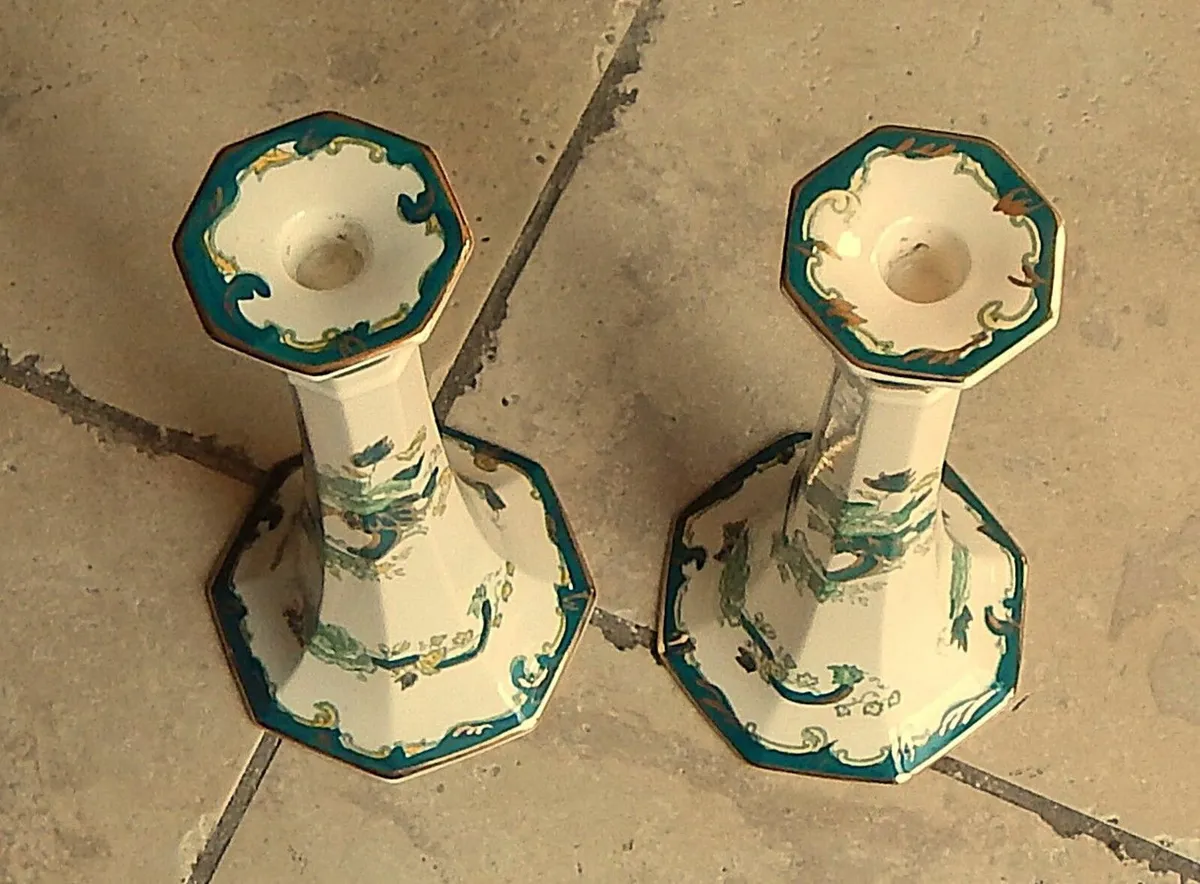 Mason’s Chartreuse Hand Painted Candlesticks - Image 3