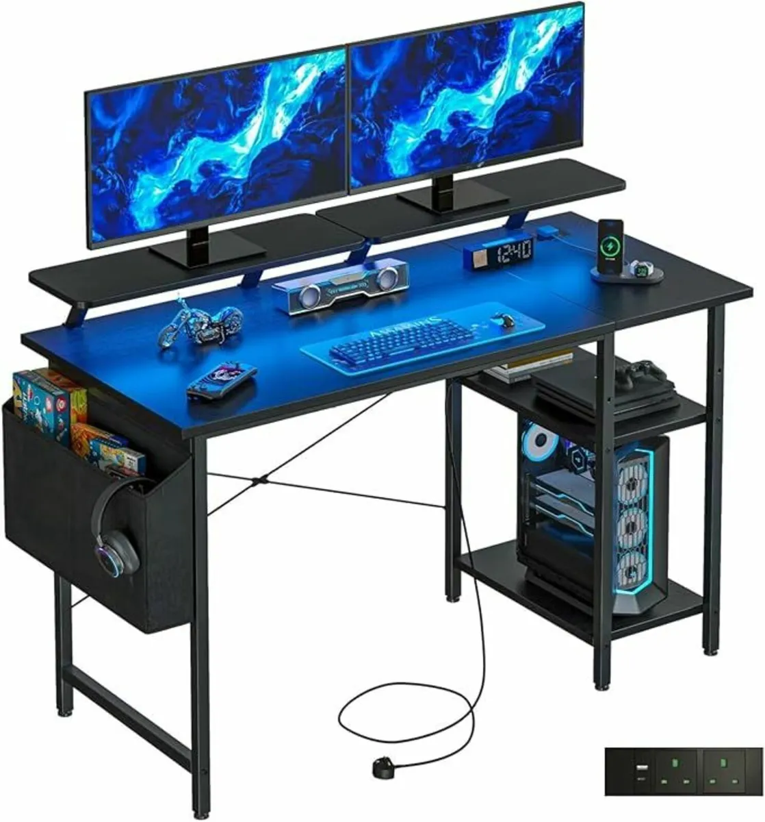 Gaming Desk LED Lights Power Outlets100x50cm Black - Image 4