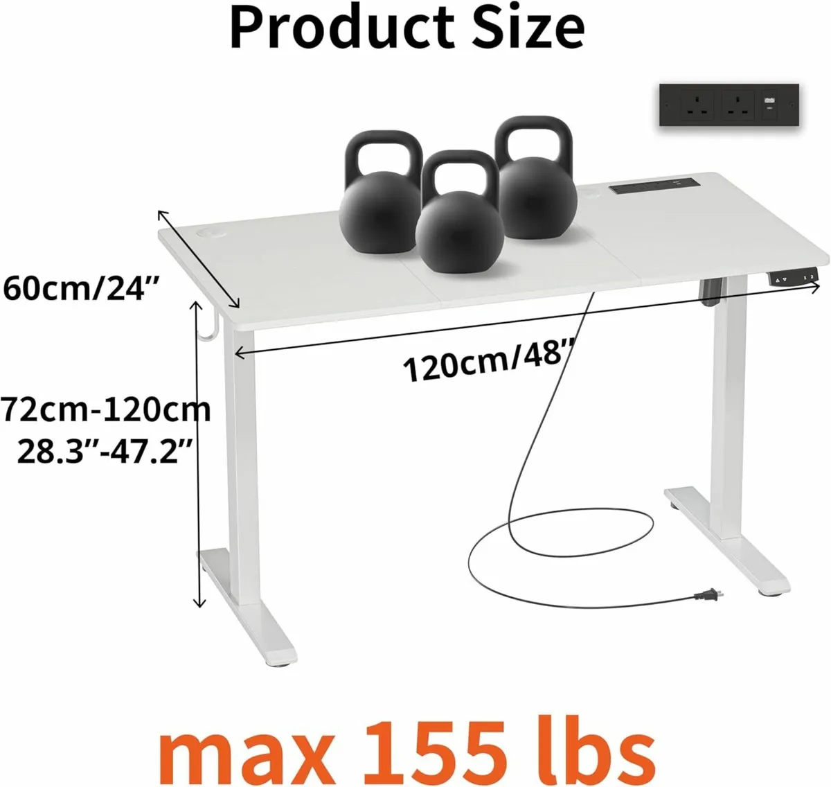 Height-Adjustable Office Desk 120x60cm White - Image 2