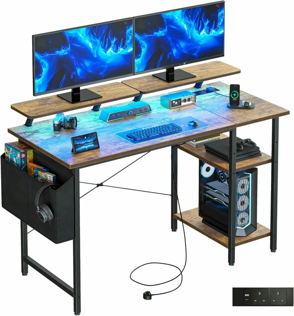 Gaming Office Desk LED Lights Outlets 100cm Brown - Image 1