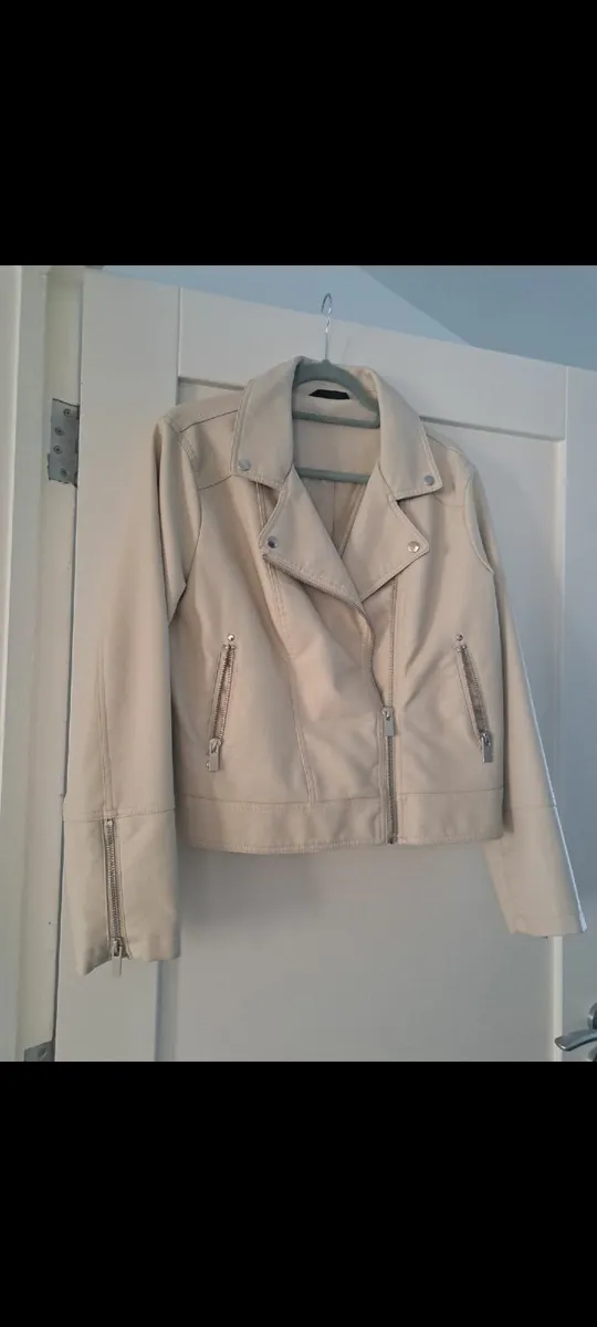 Ladies beige faux leather biker jacket - Image 1