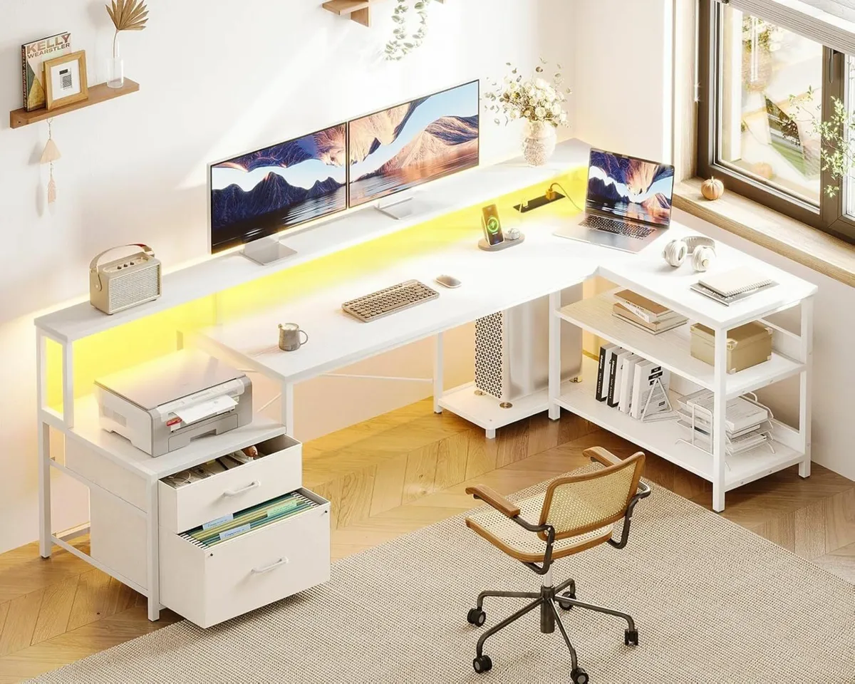 Corner Desk Office LED Drawers 189x100cm White - Image 2