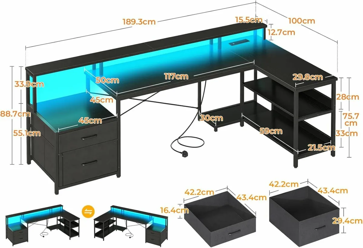Corner Office Desk Gaming Black Drawers 189×100 cm - Image 2