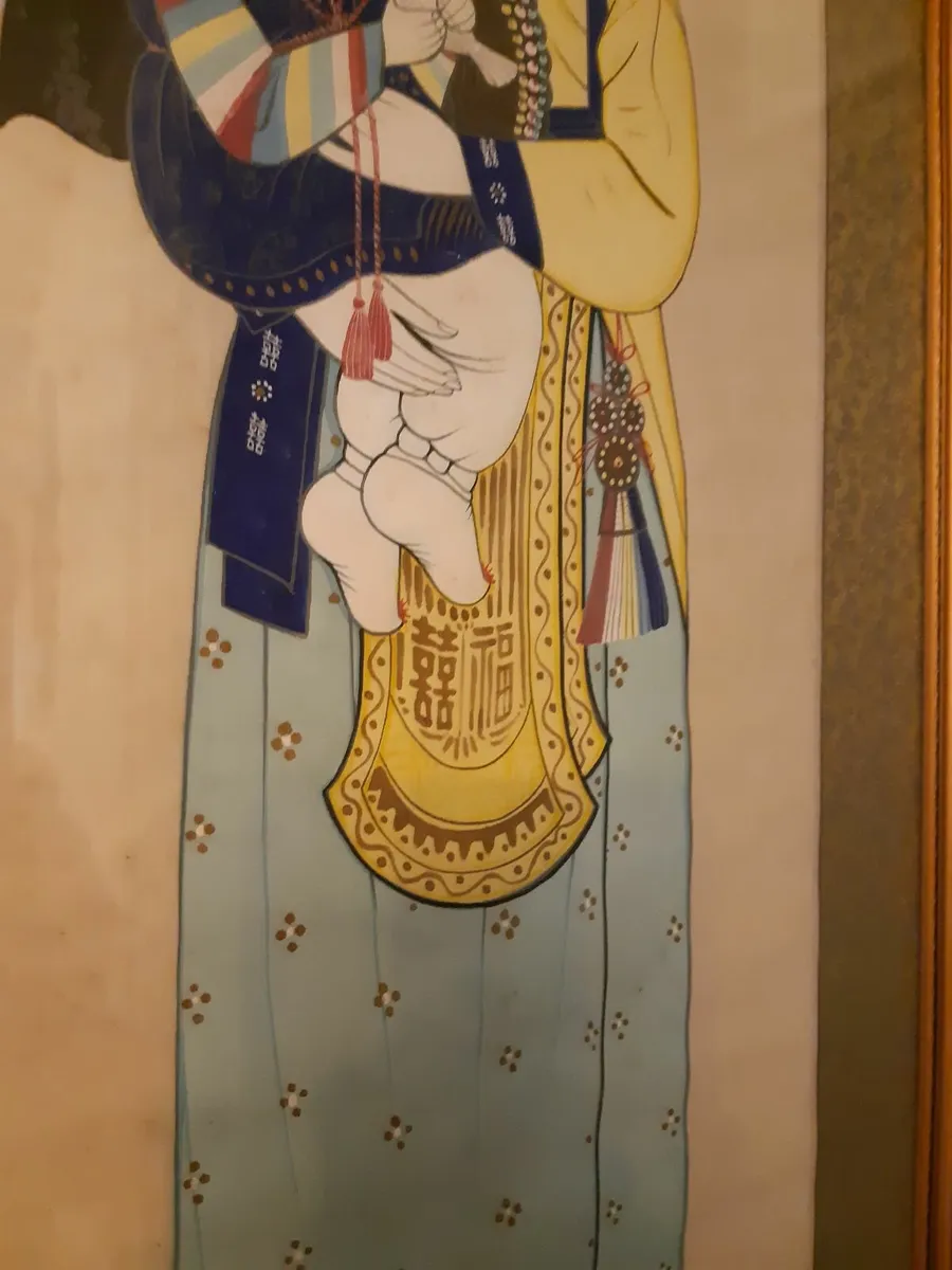 Lovely Mid Century Painting on Silk Wall Panel - Image 4