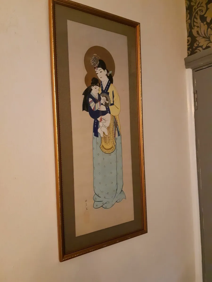 Lovely Mid Century Painting on Silk Wall Panel - Image 3