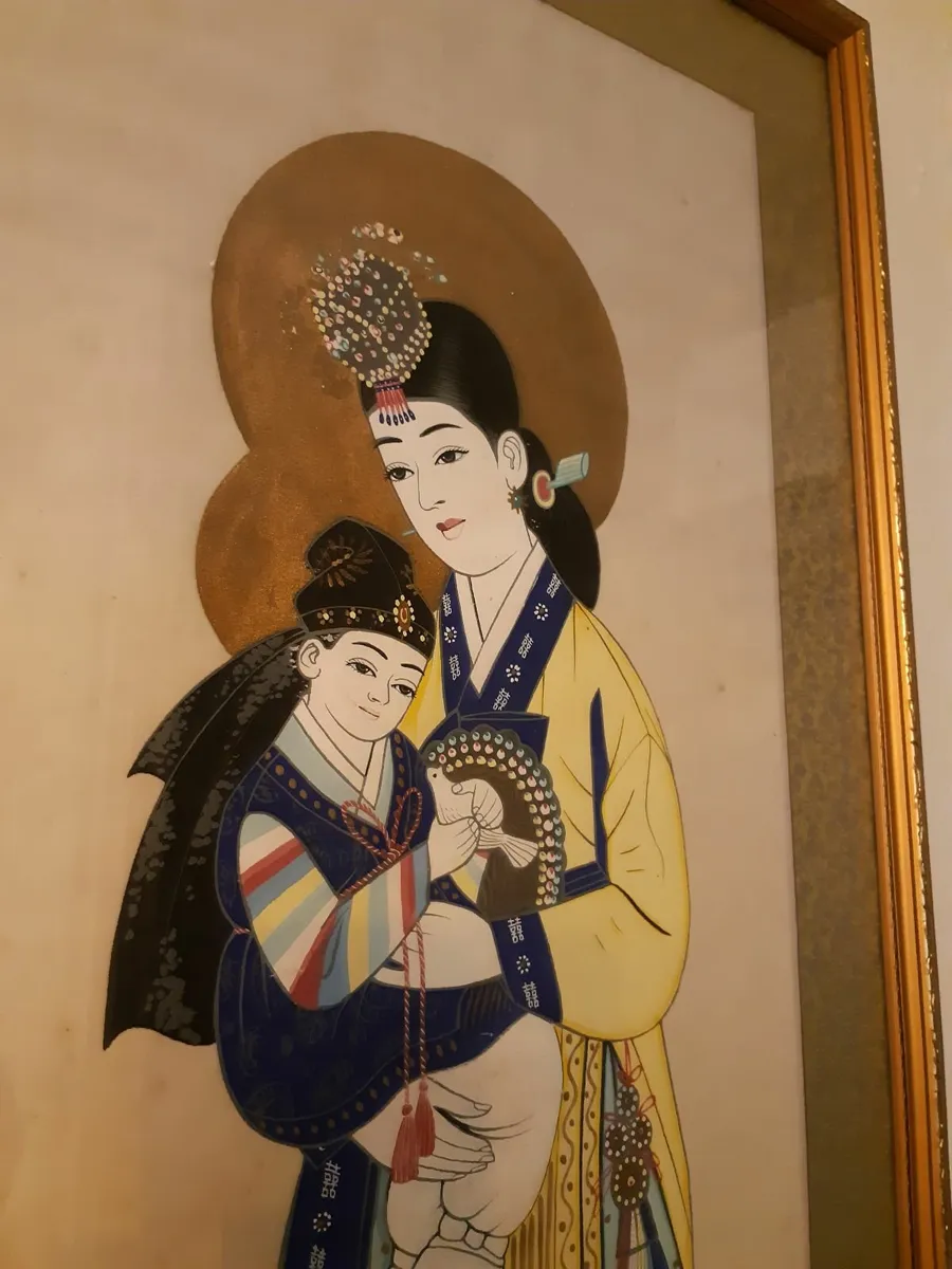 Lovely Mid Century Painting on Silk Wall Panel - Image 2
