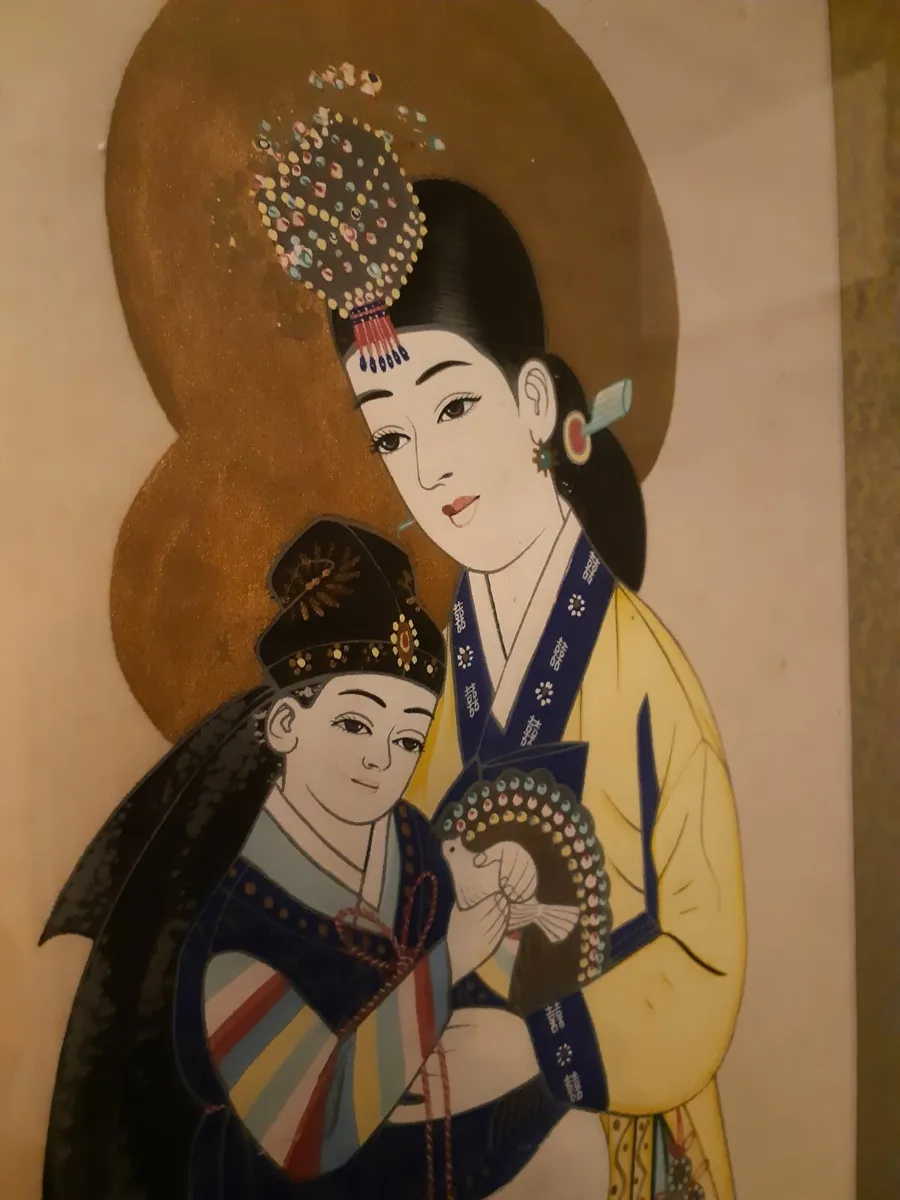 Lovely Mid Century Painting on Silk Wall Panel - Image 1