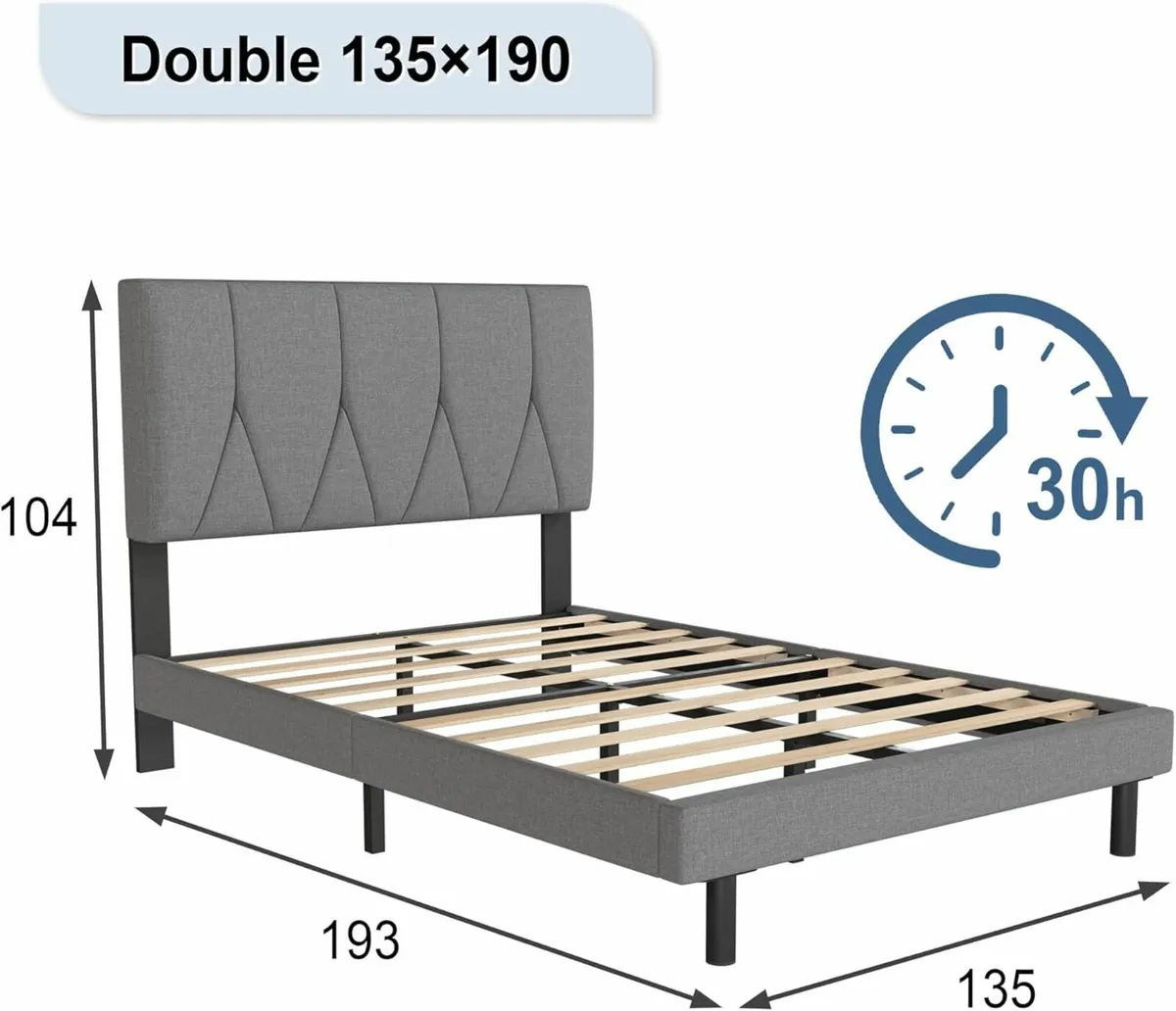 Double Bed Frame Grey Upholstered Headboard135×190 - Image 4