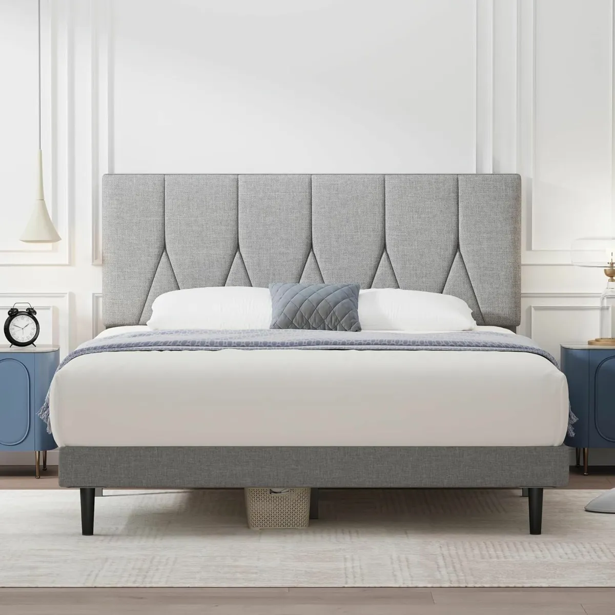 King Bed Frame, Light Grey, Upholstered 150×200cm - Image 2
