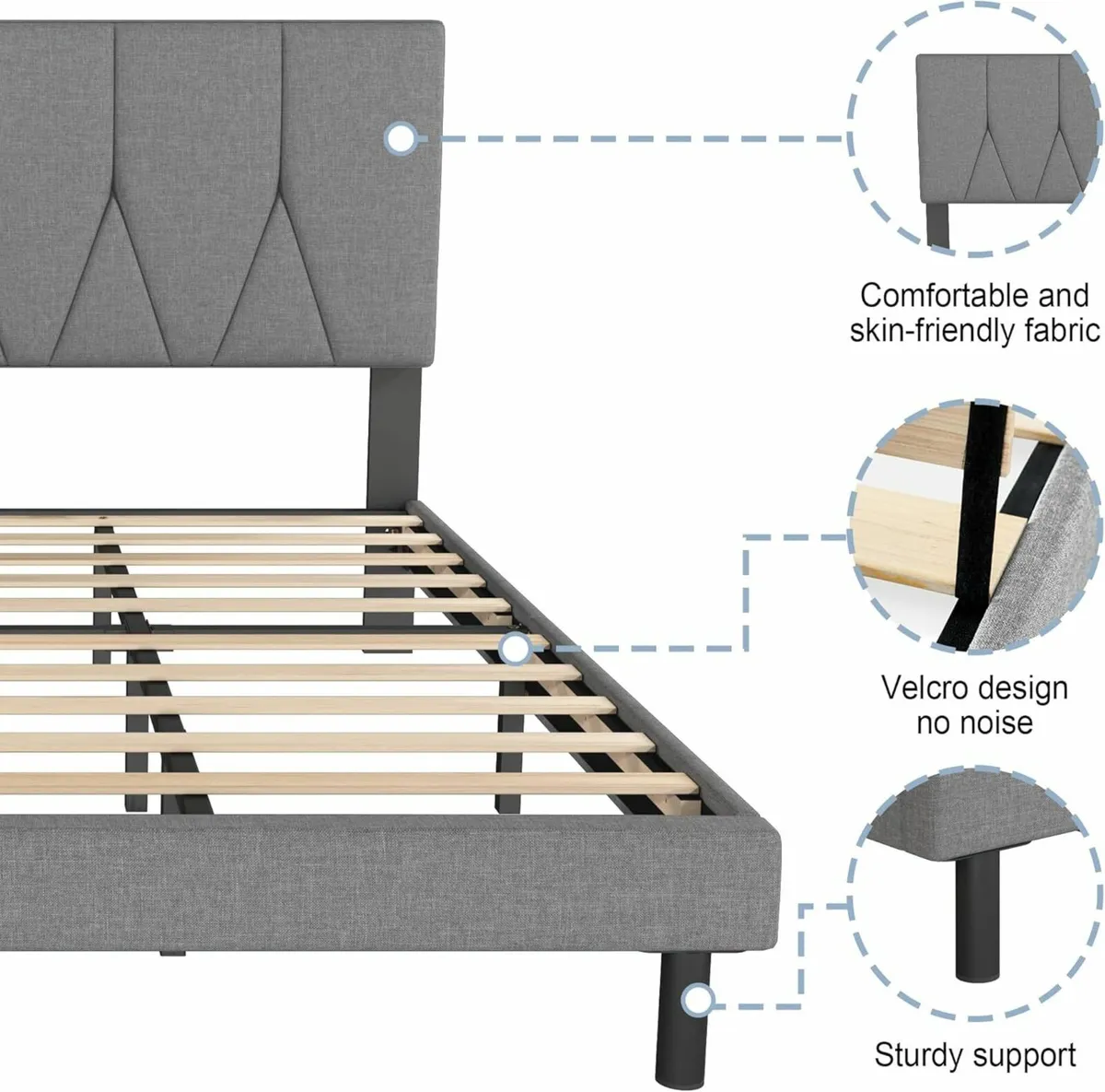 King Bed Frame, Light Grey, Upholstered 150×200cm - Image 3
