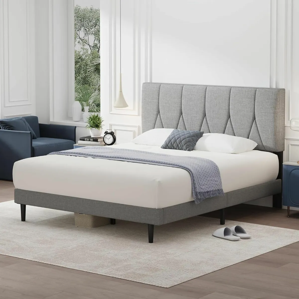 King Bed Frame, Light Grey, Upholstered 150×200cm - Image 1