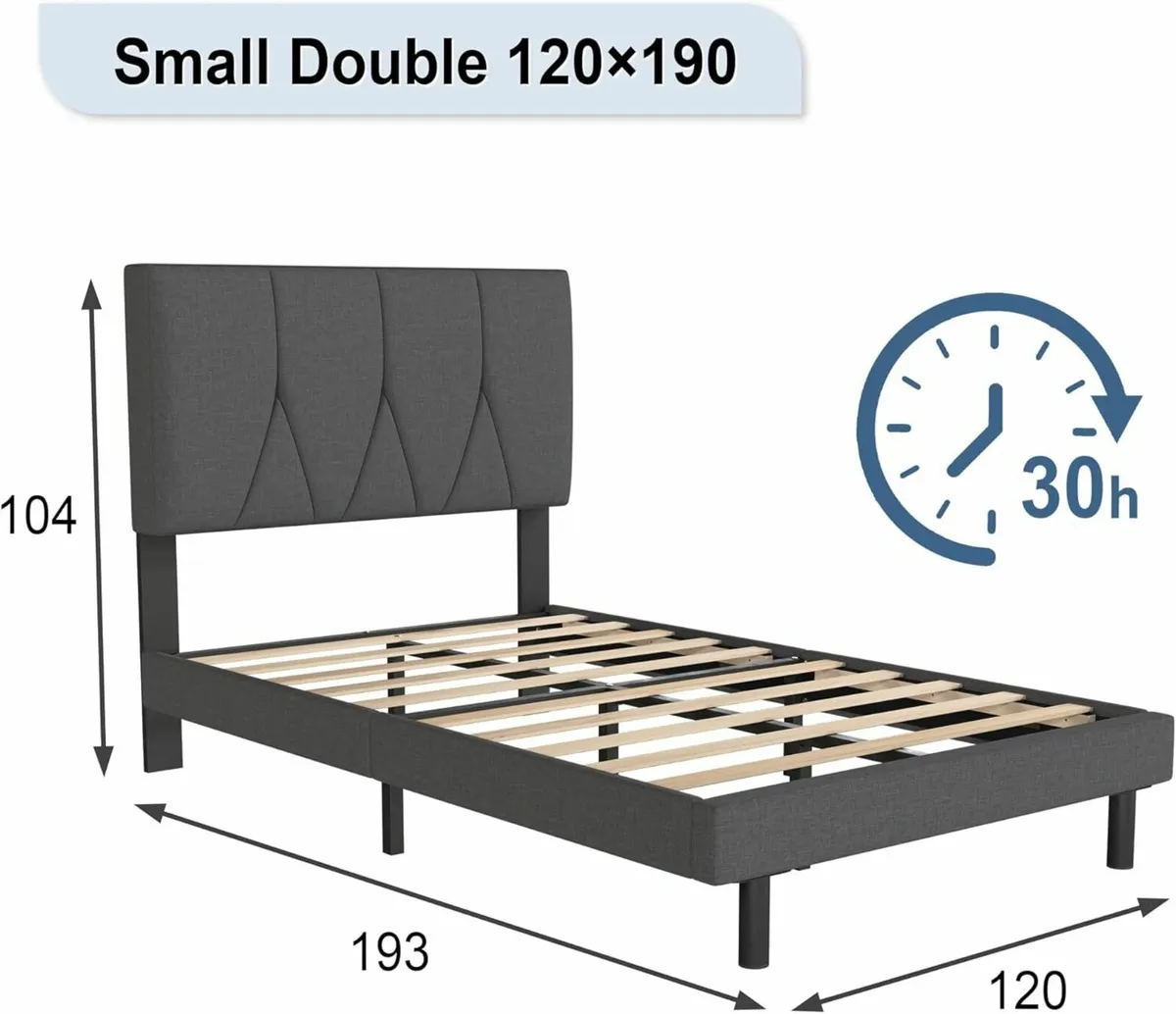 Small Double Bed Frame Upholstered 120×190cm Grey - Image 2