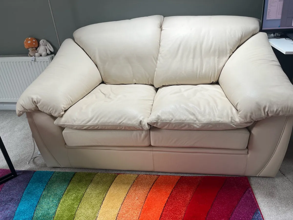 REDUCED. Cream Leather 2-Seater Sofa - Image 2