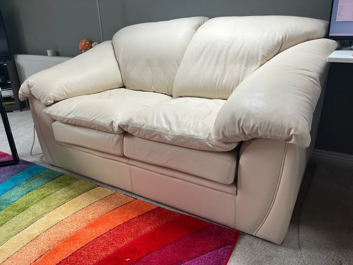 REDUCED. Cream Leather 2-Seater Sofa - Image 3