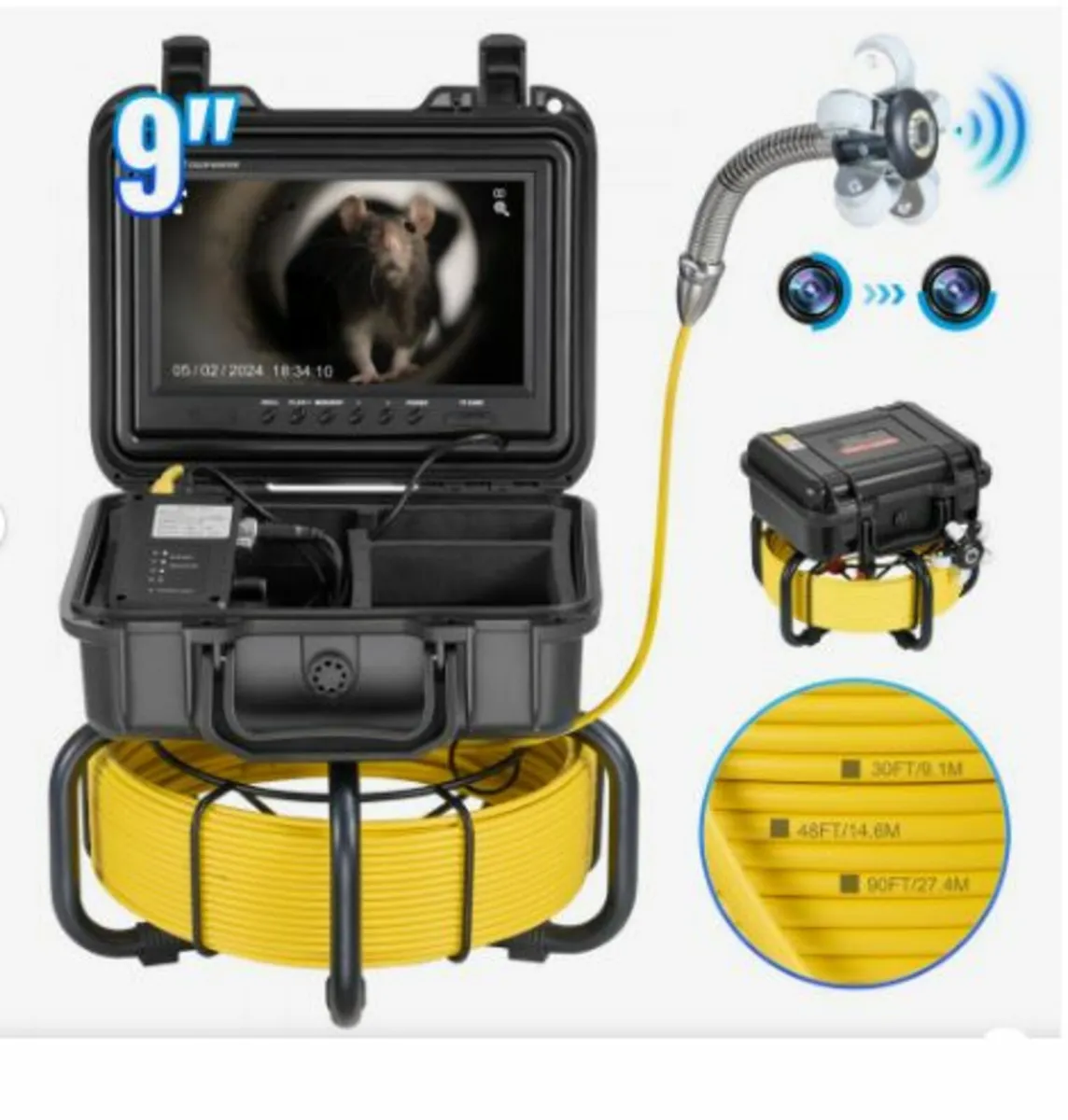 98 ft/30m Self-Leveling Drain Camera with 9" Scree - Image 1
