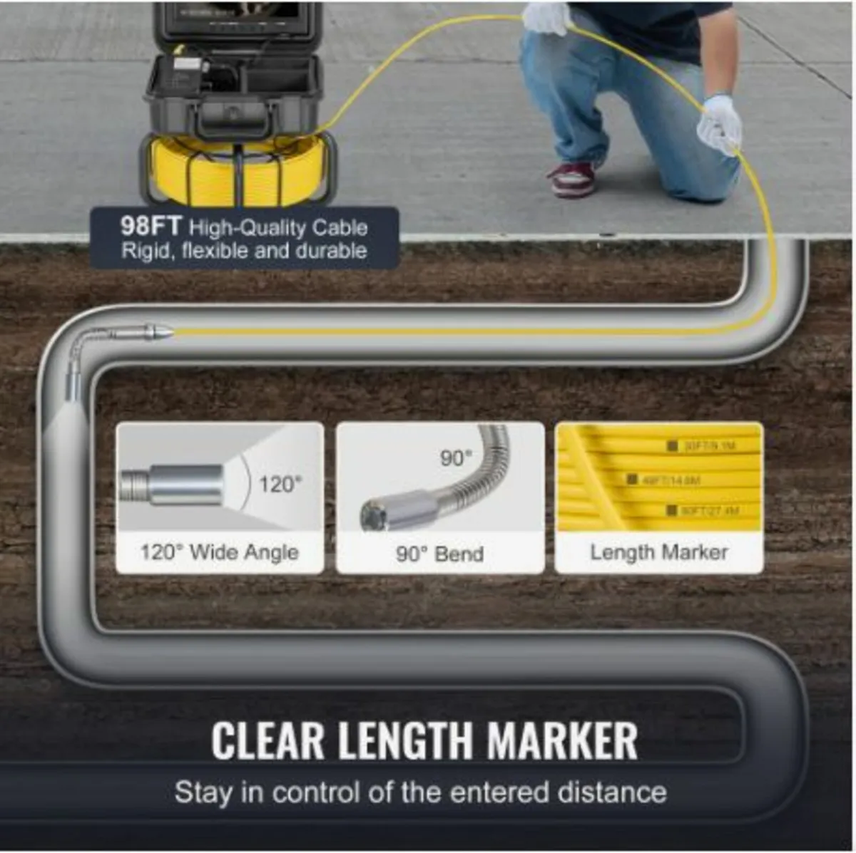 98 ft/30m Self-Leveling Drain Camera with 9" Scree - Image 4