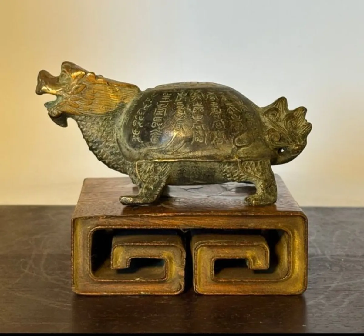Chinese Dragon Turtle - Bronze, Wooden Stand - Image 2