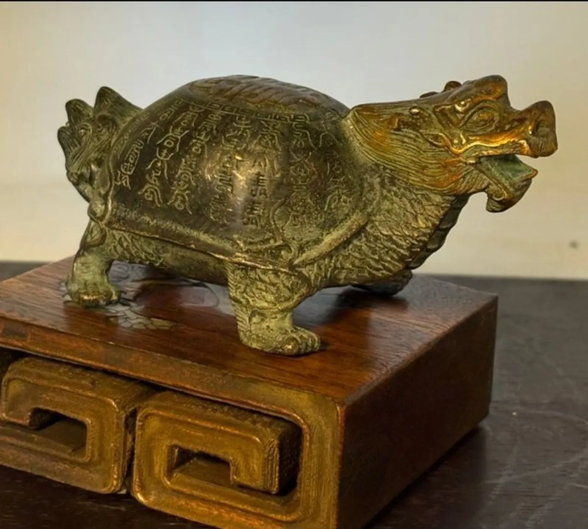 Chinese Dragon Turtle - Bronze, Wooden Stand - Image 3