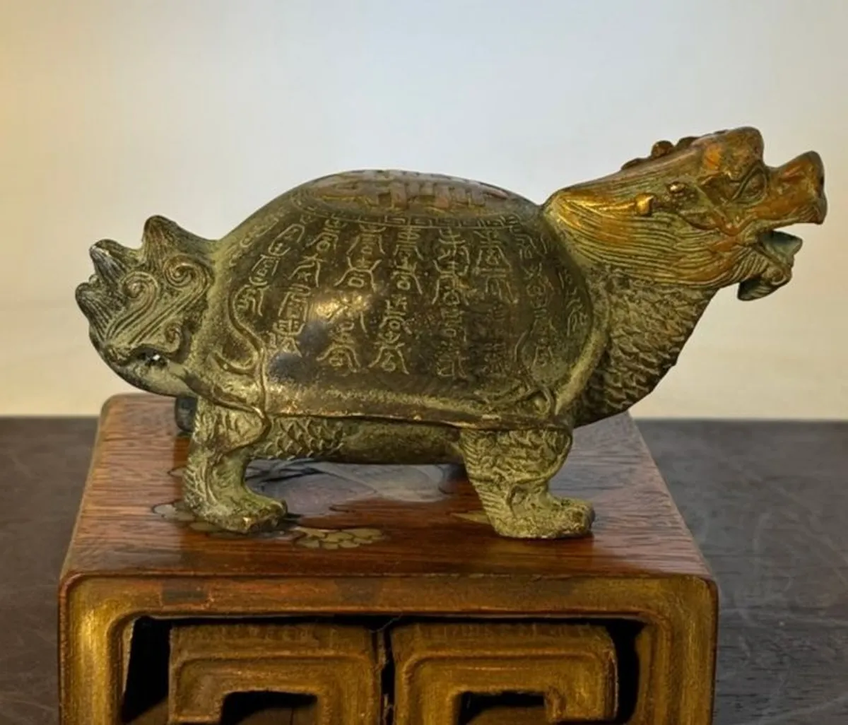 Chinese Dragon Turtle - Bronze, Wooden Stand - Image 4