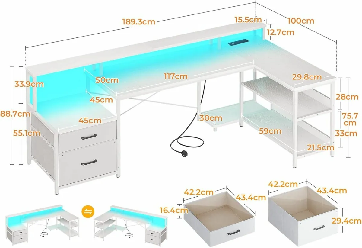 Corner Desk Drawers 189x100 cm Gaming Desk Office - Image 2