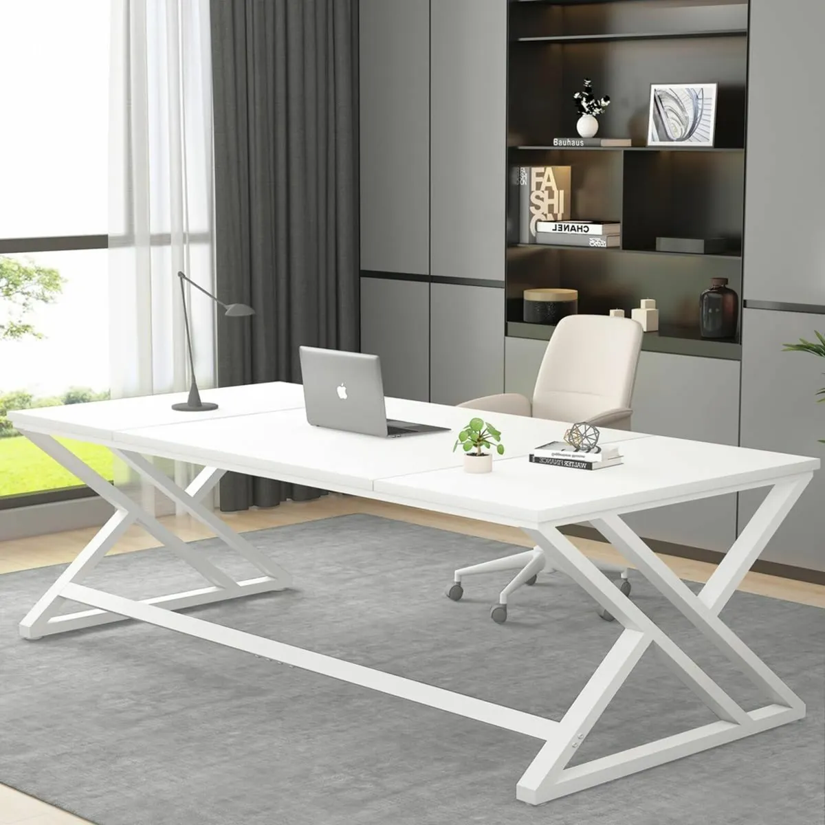 White Long Modern Wood Metal Office Desk 180cm - Image 1