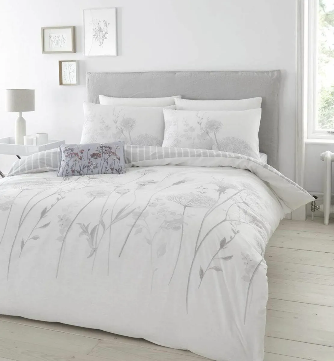 Floral Reversible Double Duvet Cover Set White - Image 1