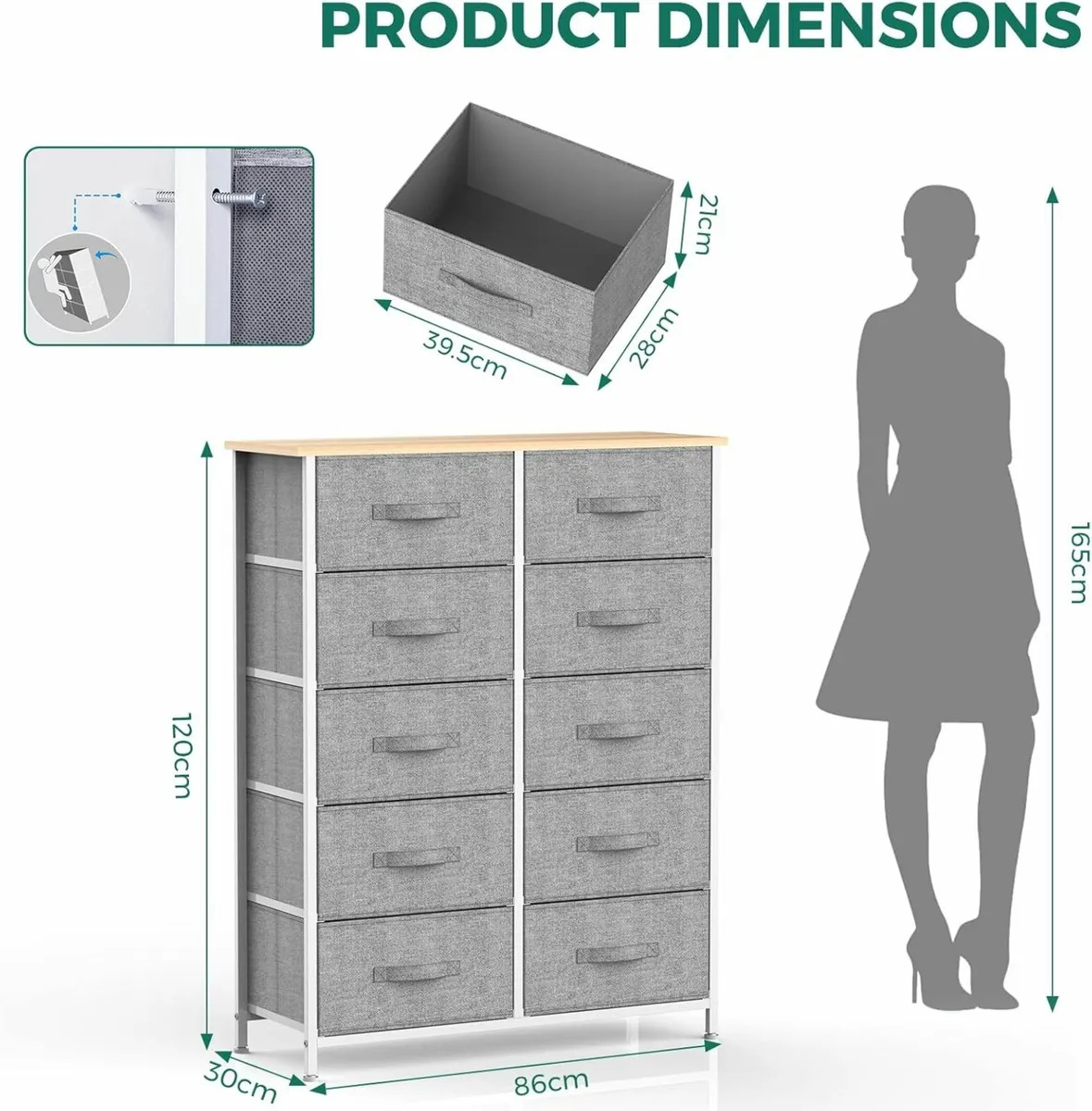Chest of Drawers Bedroom, 10 Fabric Drawers Grey - Image 4