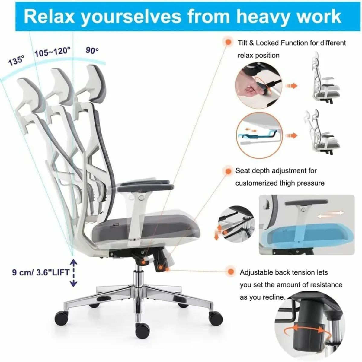 Ergonomic Office Chair Adaptive Backrest, White - Image 2