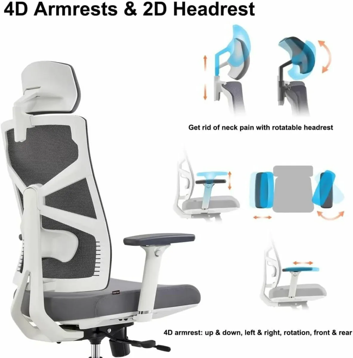 Ergonomic Office Chair Adaptive Backrest, White - Image 4