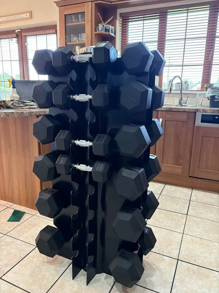 SUPER RUBBER HEX DUMBBELLS + 4 SUDED STAND!! - Image 2