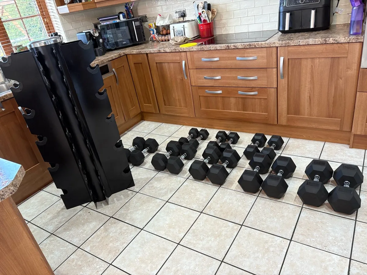 SUPER RUBBER HEX DUMBBELLS + 4 SUDED STAND!! - Image 3
