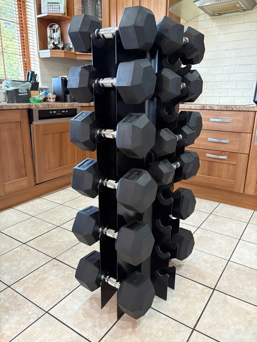 SUPER RUBBER HEX DUMBBELLS + 4 SUDED STAND!! - Image 1