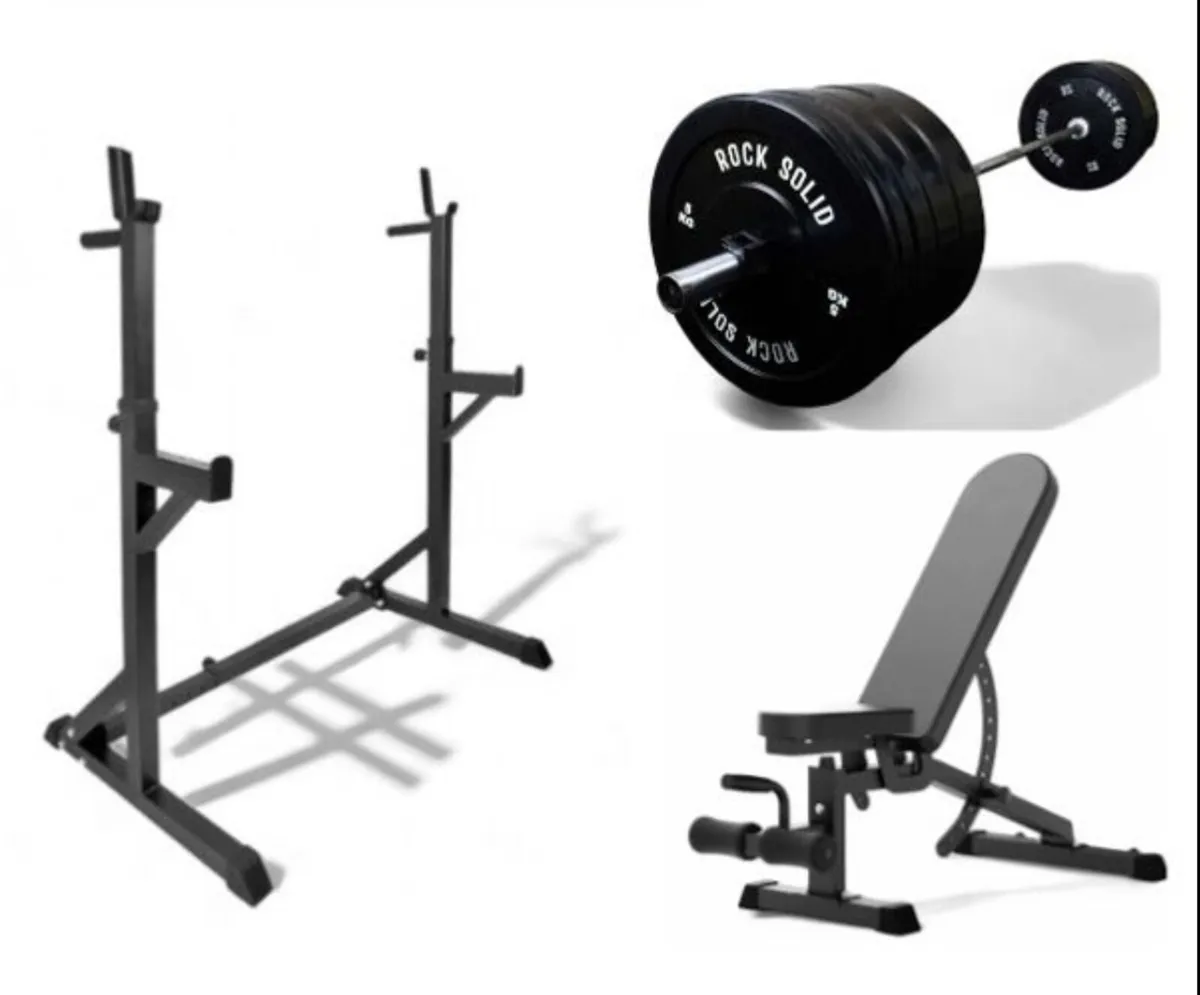 Squat rack, Olympic barbell, 100kg weights, bench - Image 1