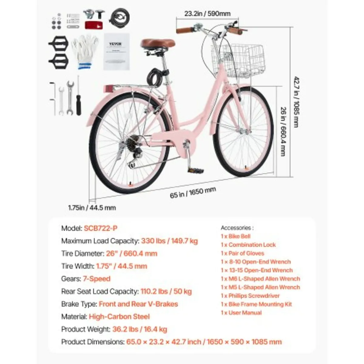 26-Inch Cruiser Bike 7-Speed Pink Beach Cruiser Bi - Image 3