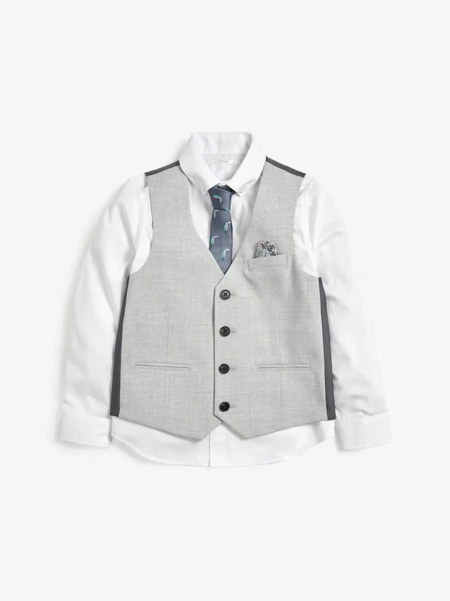 Grey Waistcoat, White Shirt & Tie & trousers set - Image 1