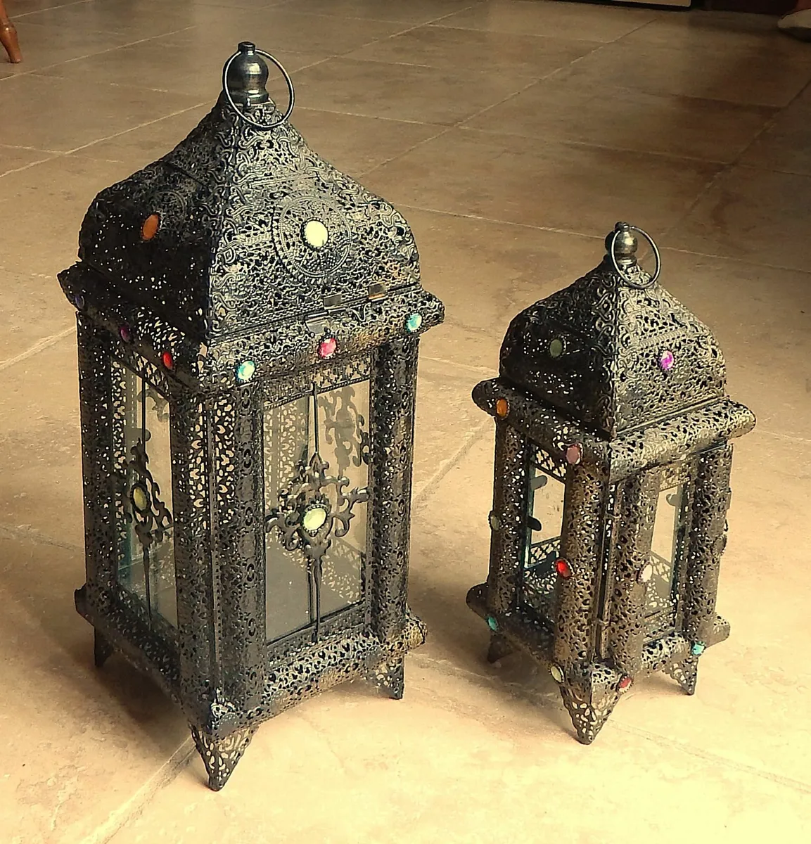2 Moroccan Style Candle Lanterns in Metal & Glass - Image 1