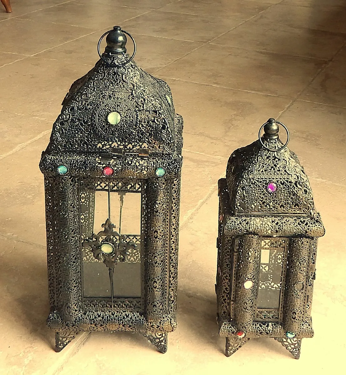 2 Moroccan Style Candle Lanterns in Metal & Glass - Image 2