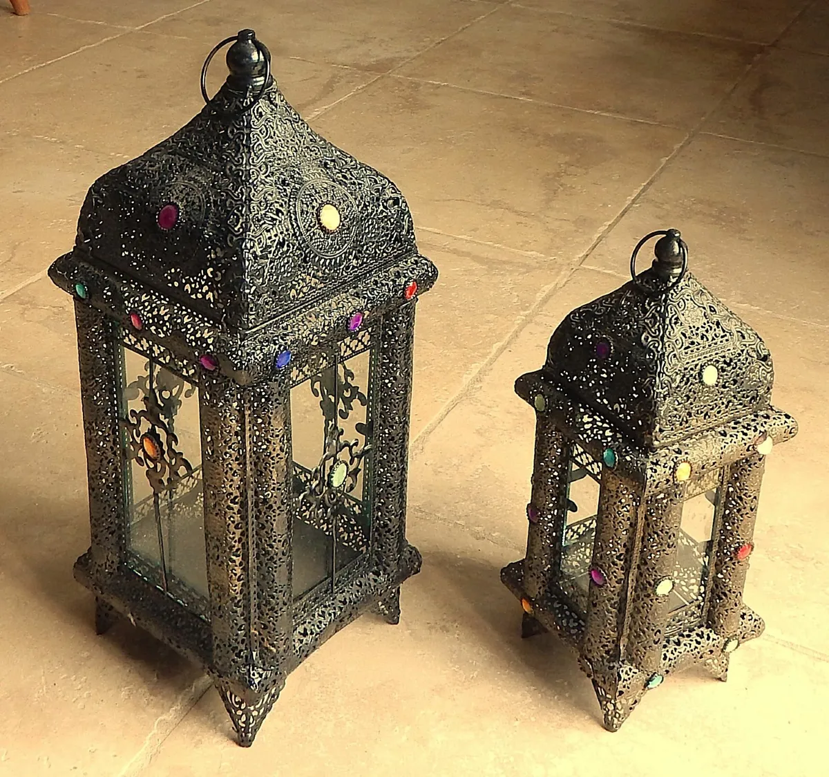 2 Moroccan Style Candle Lanterns in Metal & Glass - Image 4