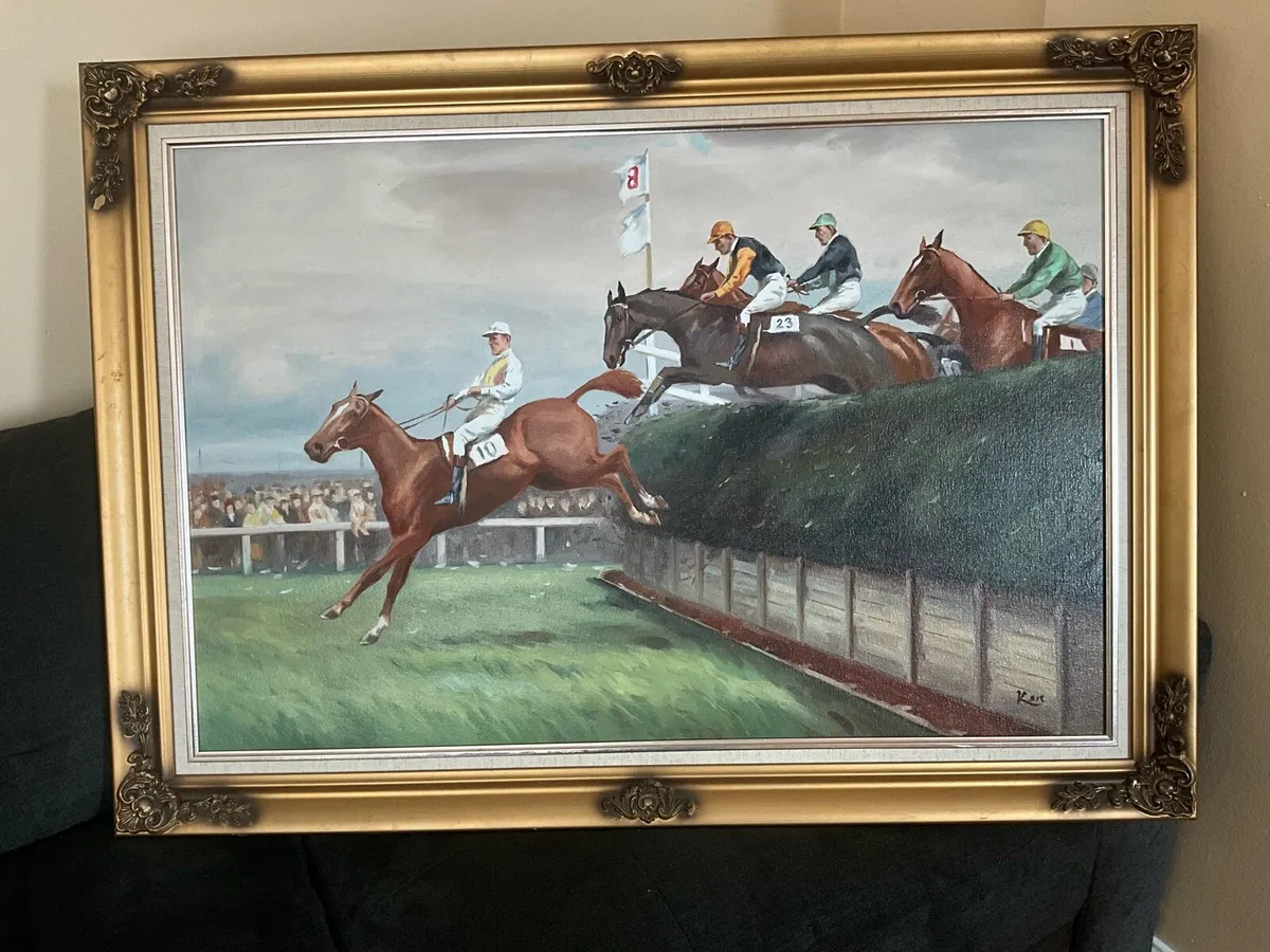 Painting of a Horse Race taking a Jump. Signed - Image 2