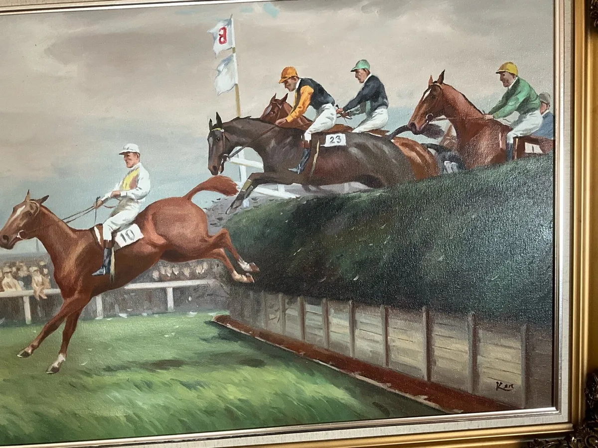Painting of a Horse Race taking a Jump. Signed - Image 3
