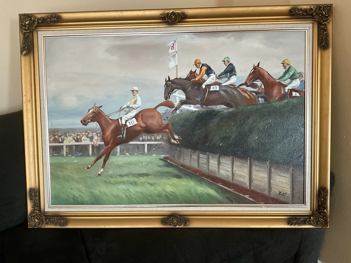 Painting of a Horse Race taking a Jump. Signed - Image 4