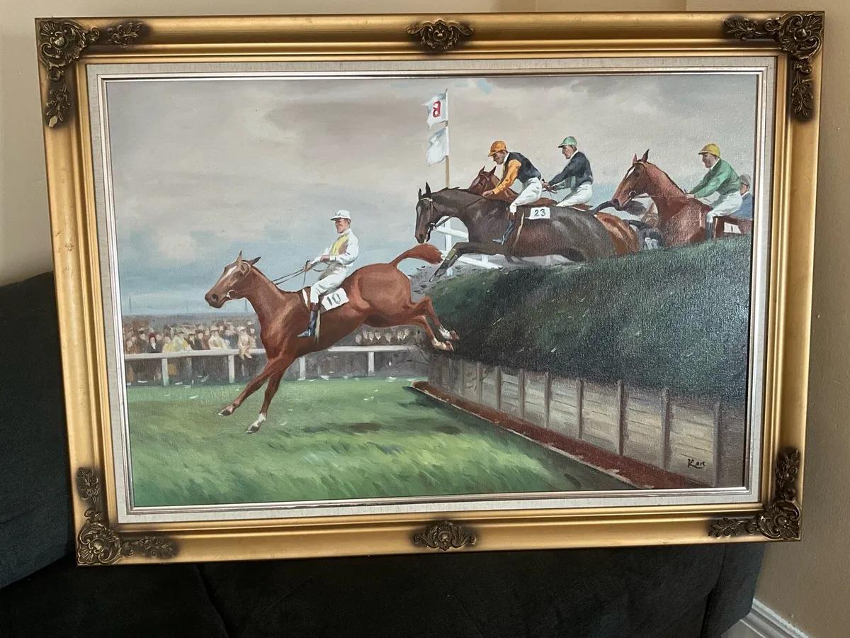 Painting of a Horse Race taking a Jump. Signed - Image 1