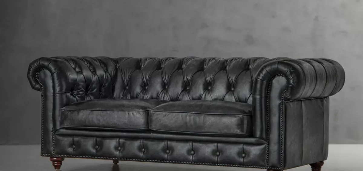 3-Seater Leather Couch - Distressed Black - Used - Image 1