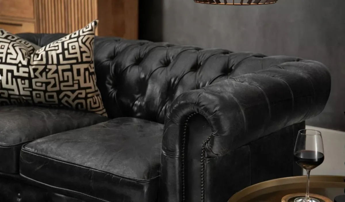 3-Seater Leather Couch - Distressed Black - Used - Image 3