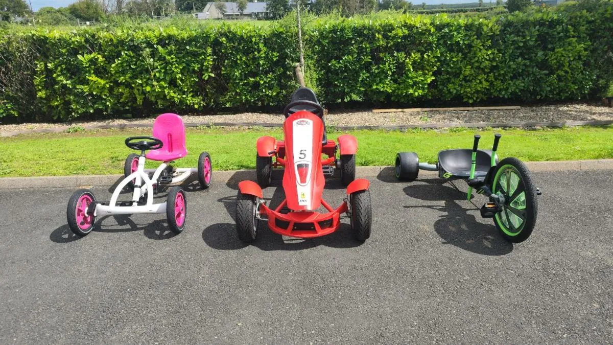 3 Kids Go Karts (Red Ferrari, White/Pink, Green) - Image 1
