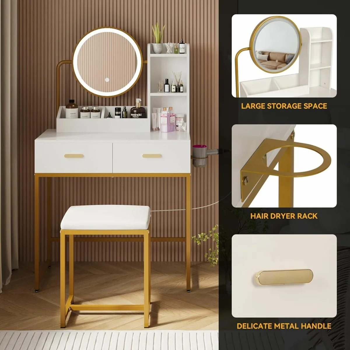 Dressing Table Lighted Mirror Lights, Gold - Image 3