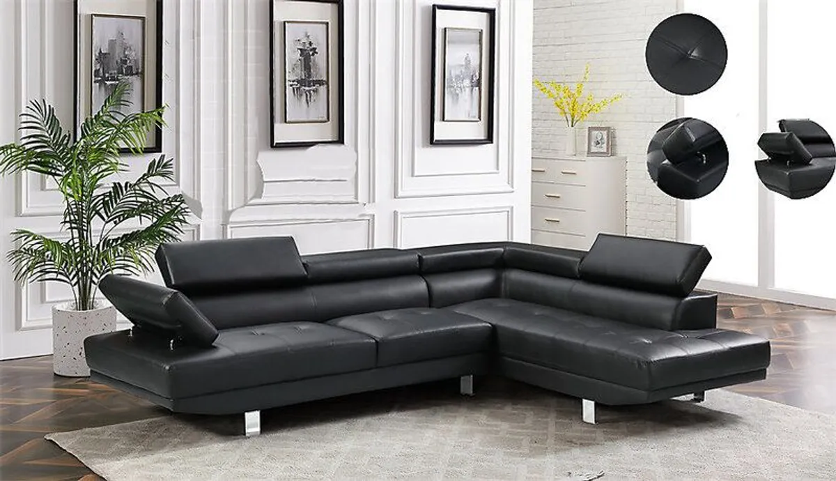 Black leather Modern 262cm Corner Chaise Sofa - Image 1