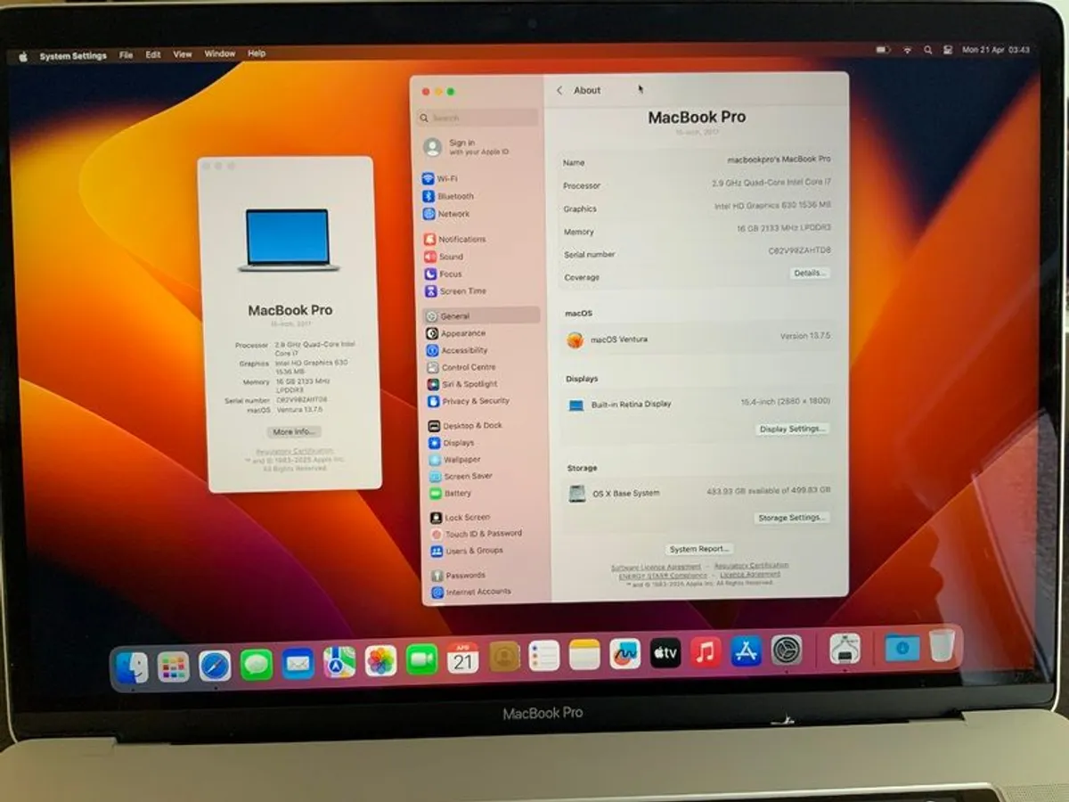 MacBook Pro 2017 A1707 2.9Gb 16GB 512GB 15in screen - Image 1