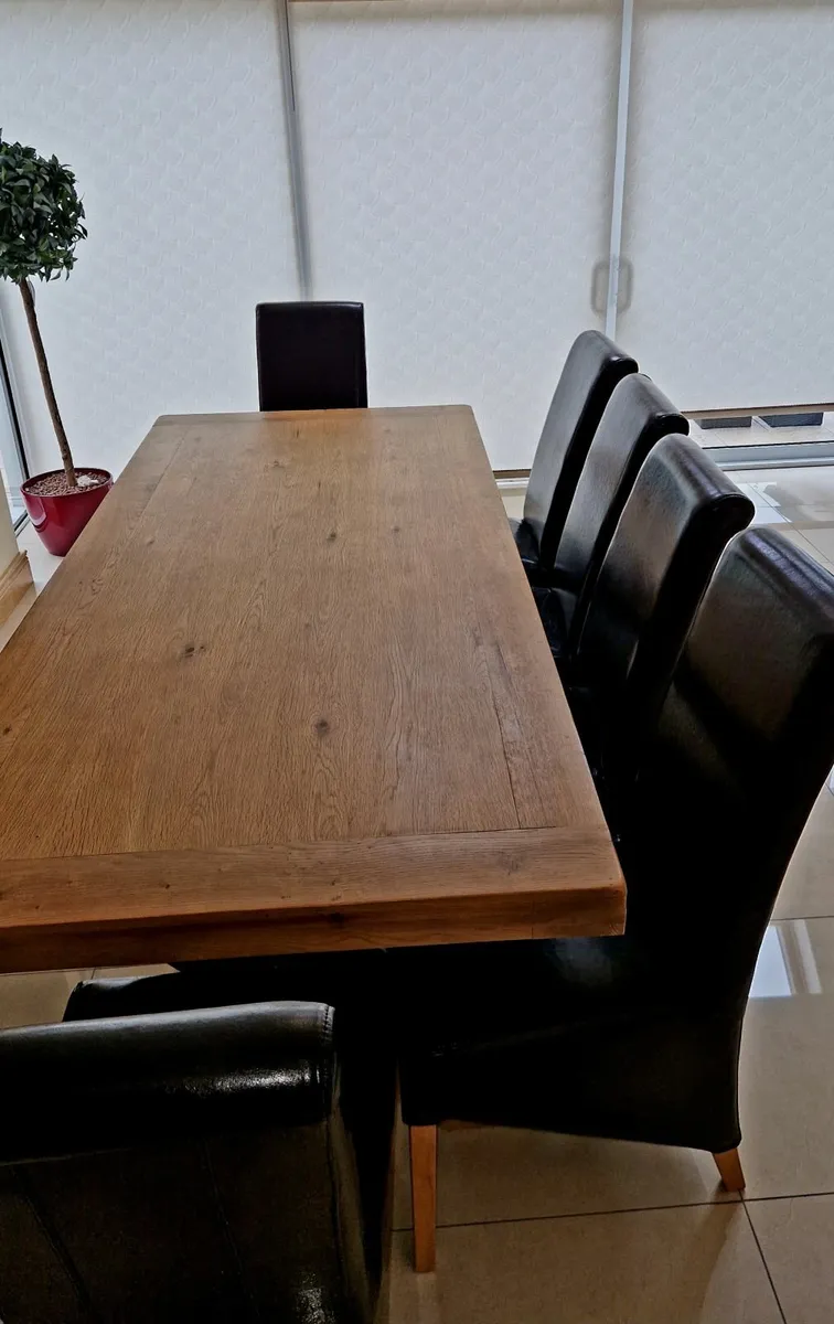 Oak Dining Table and 6 High Back Leather Chairs - Image 1